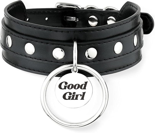 Black O-ring Leather Choker Collar for Women, Gothic Punk Style Adjustable Choker Necklace with Rivets and Engraved Letters Steel Tag