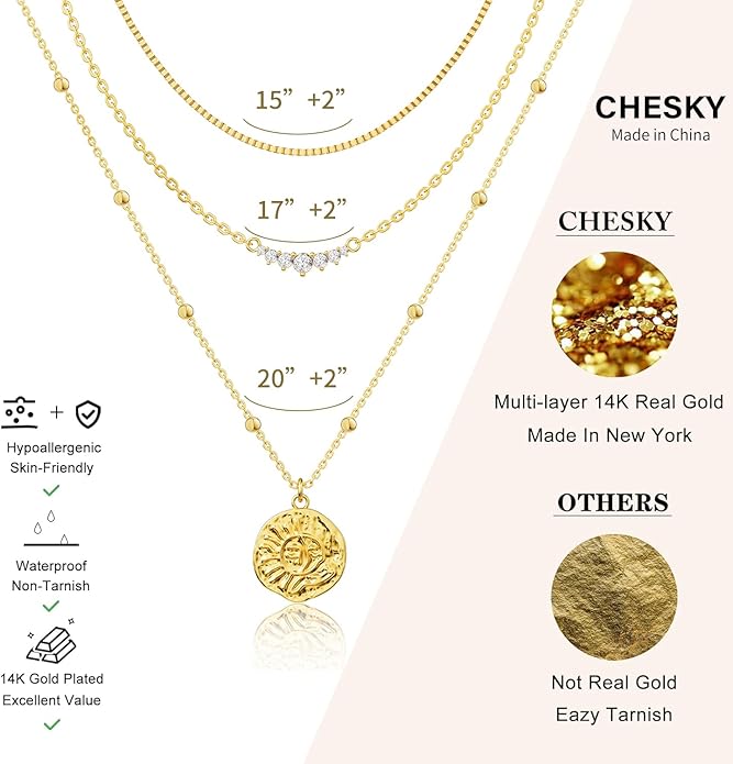 CHESKY 14K Gold Plated Layered Necklaces for Women,Dainty Gold/Silver Plated Chain Necklace CZ Pendant Necklace Adjustable Layering Choker Necklace jewelry Gifts