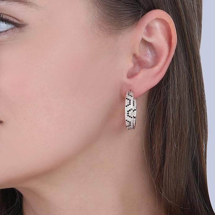 Rose Gold Hoop Earrings for Women, 925 Silver-Plated Thickened Hypoallergenic Earrings, CZ Black Gemstone-Inlaid Earrings - Women's Fashion Jewelry