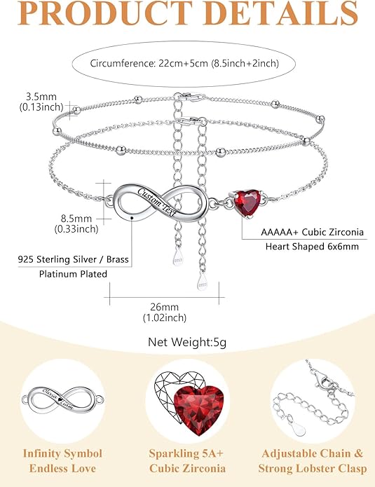 Custom4U Personalized Infinity Ankle Bracelets for Women 925 Sterling Silver Anklet Bracelet Endless Love Symbol Birthstone Charm Adjustable Foot Chain Jewelry Mothers Day Gifts for Mom Wife Women Her