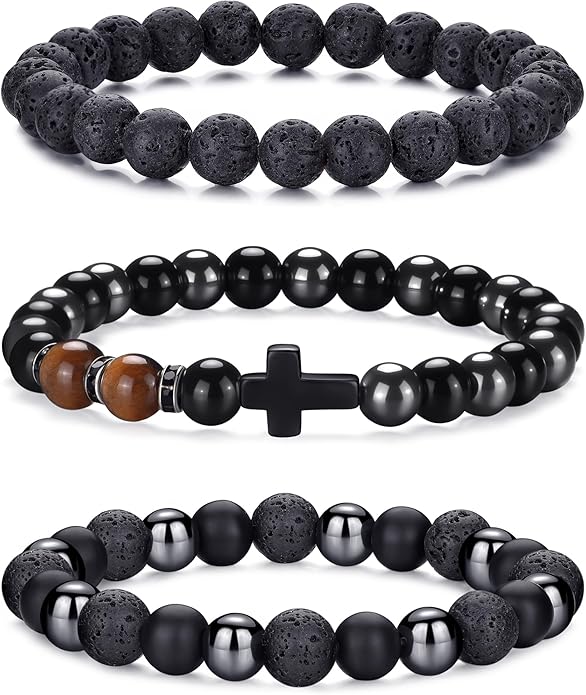RANKEEF Mens Bead Bracelet Set - Adjustable Elastic Rope With 6&8MM Natural Stone Multi-Colored Beads - Tiger Eye Bracelets for Men - Gift