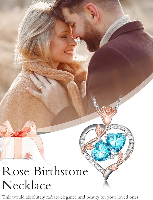 Christmas Gifts for Women Rose Heart Birthstone Pendant Necklace I Love You Forever Jewelry Valentine Mothers Day Birthday Gifts for Women Her Wife Girlfriend