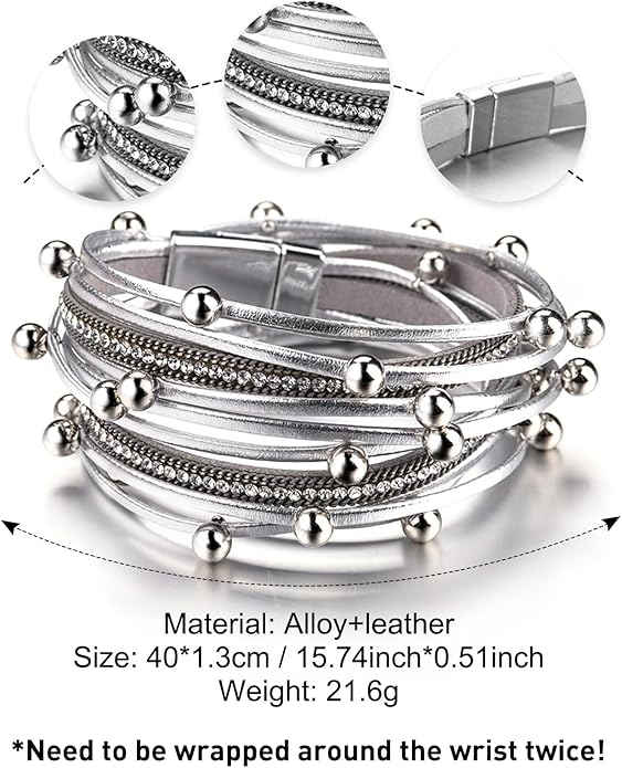 Fesciory Leather Wrap Bracelets for Women, Boho Leopard Multi-Layer Crystal Beads Cuff Bracelet Jewelry