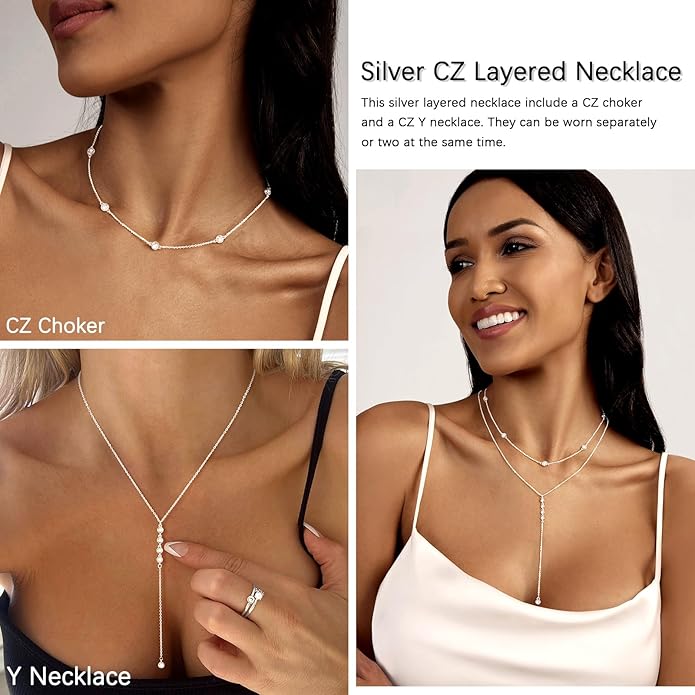 Zeffy Lariat Gold Necklace for Women, Dainty Long Necklace 14k Gold/Silver Plated Layered CZ Beaded Bar Chain Y-Shaped Body Chain Stack Drop Wedding Necklace Trendy Simple Gold Jewelry Gifts