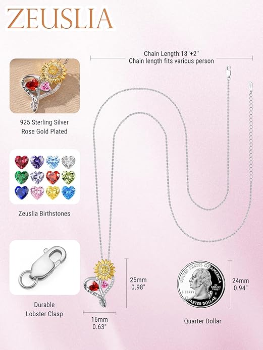 Zeuslia Double Birthstone Necklace Gifts for Wife - 925 Sterling Silver Sunflower/Rose/Crown Cross/Compass/Heart Pendant I Love You Necklace, Anniversary Birthday Gifts for Wife Girlfriend Mom Her
