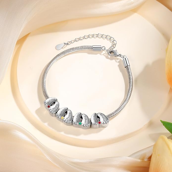Jeweidea Personalized Foot Charm Birthstone Bracelet – Custom Engraved Bracelet with 1–5 Foot Charms, Name and Date Engraving, Meaningful Jewelry Gift for Mom Wife