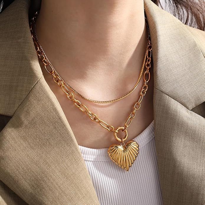 Chunky Gold Heart Necklace for Women,18K Gold Plated Puffy Heart Pendant with Paperclip Chain,Stainless Steel Statement Jewelry Waterproof Jewelry Gift for Chrismas