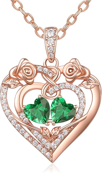 JIYVY32 Rose Heart Necklace for Women Exquisite 925 Sterling Silver Anniversary Birthday Gifts for Wife Mom Her Double Birthstone Pendant Jewelry