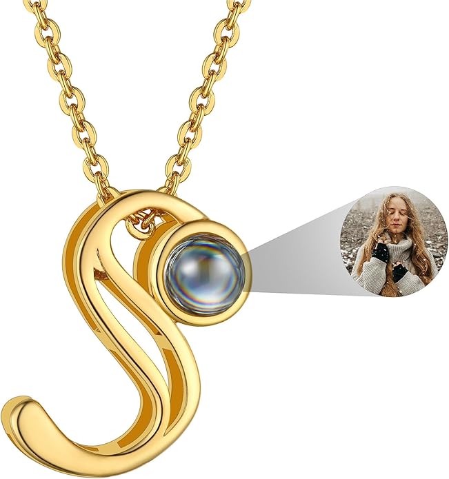 Custom4U Personalized Initial Picture Necklace for Women, Projection Necklace with Picture Inside, Gold/Silver Letter Pendant Necklace, Custom Photo Gifts for Mom Wife Birthday Valentines
