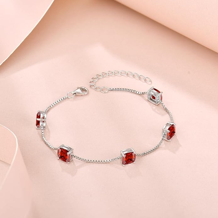 Birthstone Bracelet for Women 925 Sterling Silver Dainty Princess Cut Link Bracelet Jewelry Gifts for Her