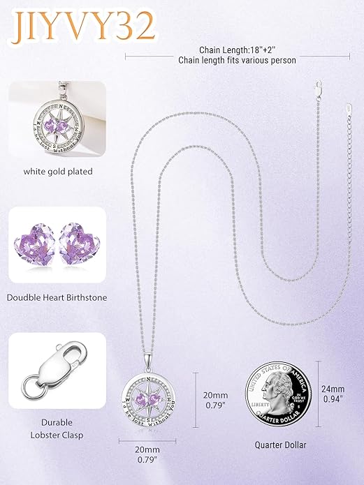 Compass Birthstones Necklace for Women, Exquisite Anniversary Birthday Gifts for Wife Her Double Birthstone Pendant jewelry ‘I'd be Lost Without You’