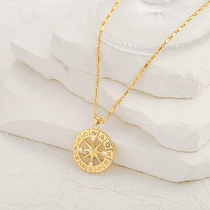 CANEVINKA 18K Gold Plate Coin Pendant Necklace for Women Dainty Compass Sunflower Necklaces Personalized Chain Layered Jewelry