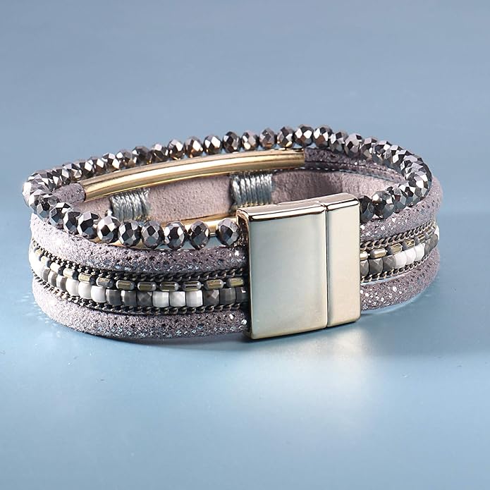 FANCY SHINY Leather Wrap Bracelets Crystal Beads Bracelet Boho Cuff Stone Charm Bracelets with Clasp Costume Jewelry for Women