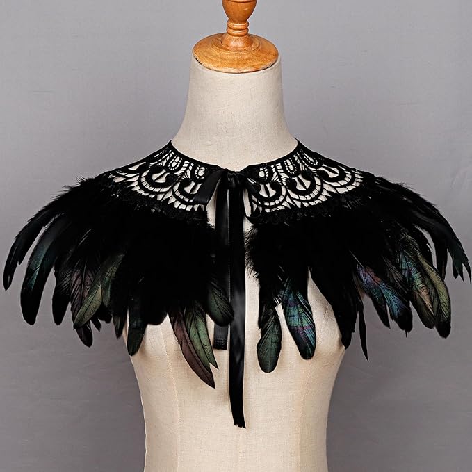 L'VOW Real Black Feather Harness Lace Collar Necklace Bib Halloween