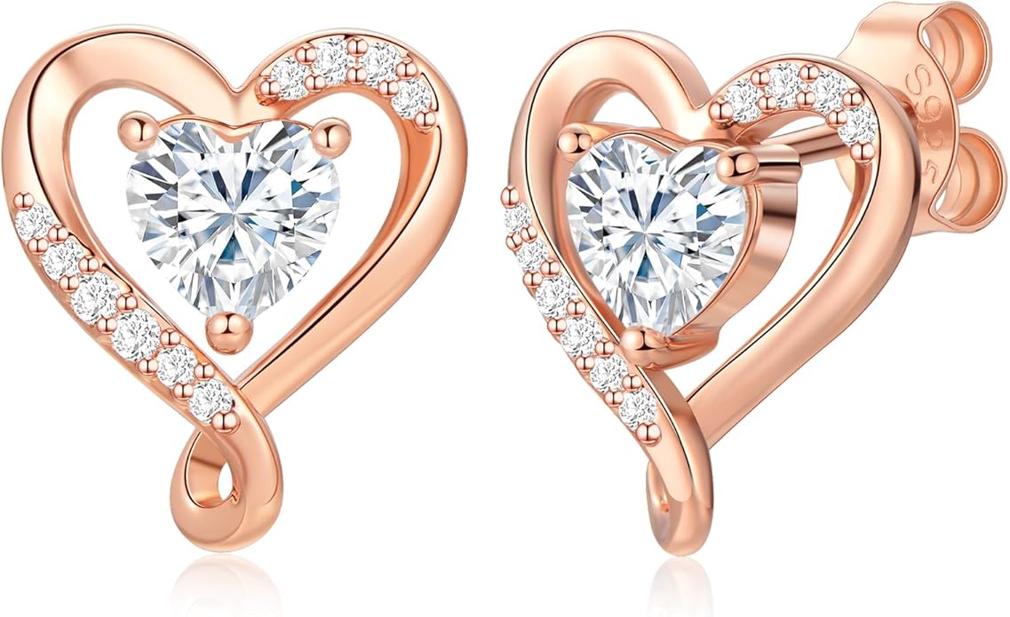 Earrings for Women, S925 Sterling Silver Rose Gold Birthstone Heart Studs Earring for Girlfriend Wife, Anniversary Birthday Christmas Valentines Mothers Day Gifts Jewelry for Women Wife Her Mom