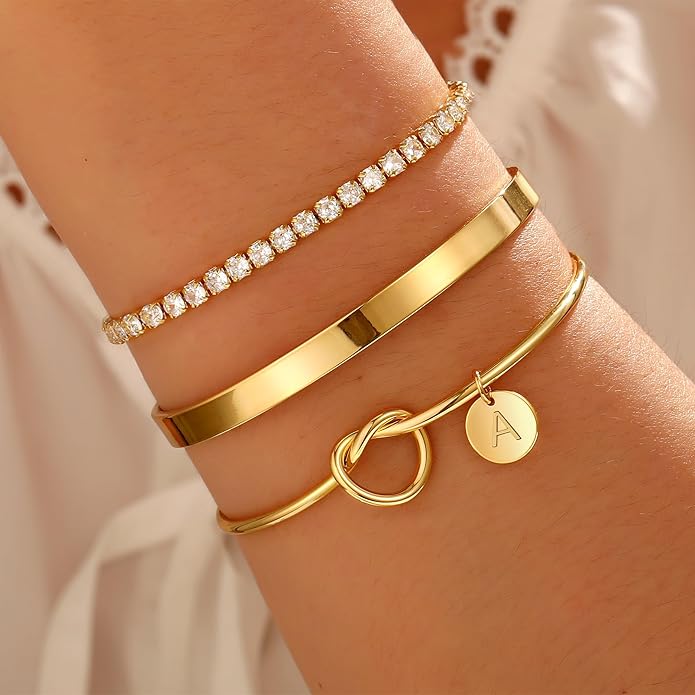 Gold Initial Bracelets for Women - Dainty Gold Bangles Bracelets for Women Personalized Initial Bracelet Stackable Gold Knot Cuff Tennis Bracelet Gold Jewelry Bridesmaid Proposal Wedding Gifts