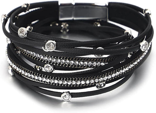 Fesciory Leopard Bracelet for Women, Boho Leather Wrap Multi-Layer Pearl Crystal Bracelet Bangle Jewelry