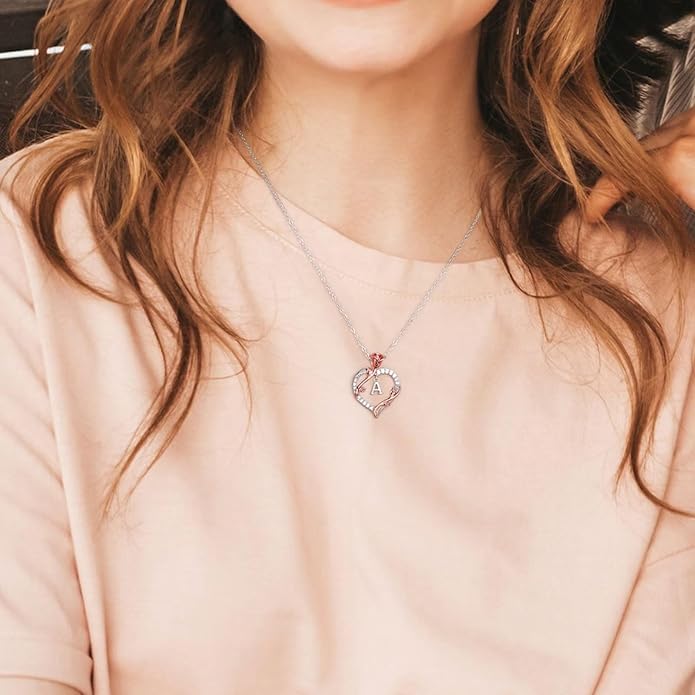 Iefil Rose Heart Necklaces Gifts for Women - 925 Sterling Silver Heart Initial Necklace, Anniversary Birthday Gifts for Women, Jewelry Gift for Wife Wife Girlfriend Mom