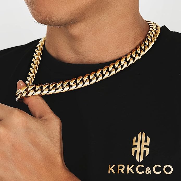 KRKC&CO Cuban Link Chain for Men 8/10/12/14mm, Brithday Gift for Men, 18k Gold Miami Necklace, Durable, Anti-Allergies Hip Hop Jewelry for Mens