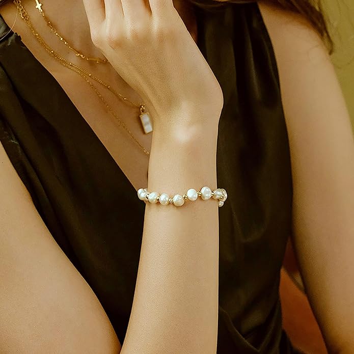 Cowlyn Pearl Bracelets for Women - Dainty 14K Gold Plated Beaded Pearl Link Chain Birthday Christmas Jewelry Gifts for Women