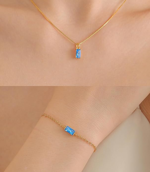 Birthstone 14K Gold Plated Bracelets Earrings Necklaces Jewelry Set， Blue Green May Cubic Zirconia，Friendship Bracelets Jewelry Gifts for Mom Best Friend Birthday