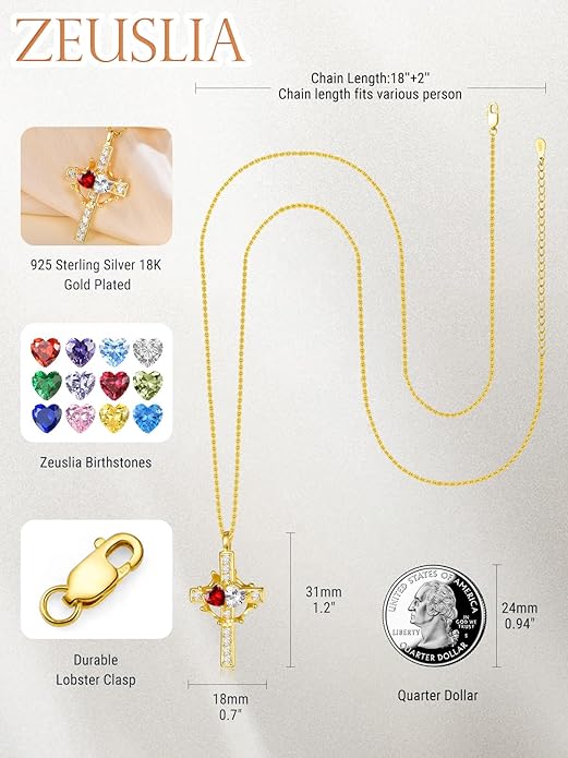 Zeuslia Double Birthstone Necklace Gifts for Wife - 925 Sterling Silver Sunflower/Rose/Crown Cross/Compass/Heart Pendant I Love You Necklace, Anniversary Birthday Gifts for Wife Girlfriend Mom Her