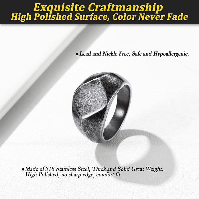 Bestyle Stainless Steel Signet Ring for Men Women in Gold/Black/Silver/Vintage Gray Tone, Chunky Thick Heavy Dome Band Ring Cool Finger Ring, Gift for Dad Husband, Size 7-14 Customizable