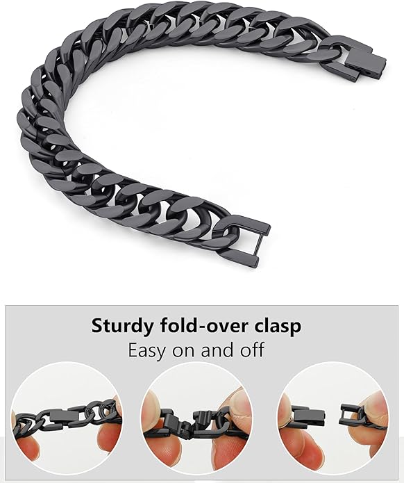 8/12/17mm Wide Cuban Link Bracelet for Men Father Gift 18K Gold/Black Plated Stainless Steel Bracelets 7.4-9 Inches(Gift Wrapped)