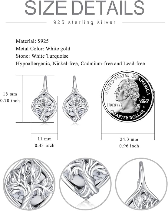 WINNICACA Leverback Earrings for Wonen 925 Sterling Silver Tree of Life Earrings Dangle Drop Turquoise Moonstone Moss Agate Heart Jewelry Gifts for Women Anniversary Birthday Christmas