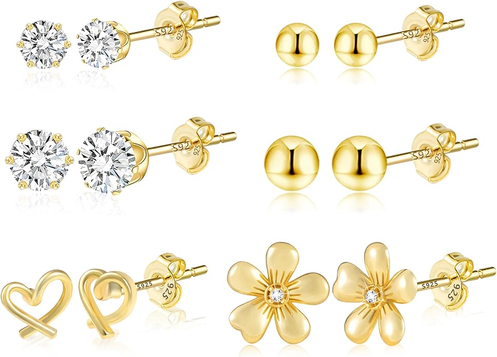 Stud Earrings for Women Hypoallergenic Sterling Silver Post Hoop and Studs Earrings Set for Multiple Piercing Small Ball Cubic Zirconia Earring Studs for Women Trendy Jewelry Gifts（6 Pairs）