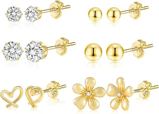 Stud Earrings for Women Hypoallergenic Sterling Silver Post Hoop and Studs Earrings Set for Multiple Piercing Small Ball Cubic Zirconia Earring Studs for Women Trendy Jewelry Gifts（6 Pairs）