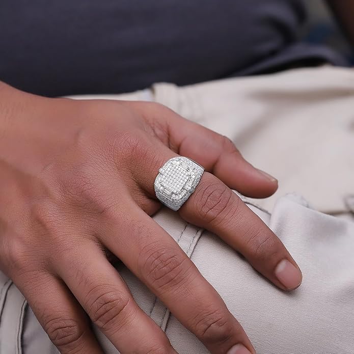 Wedding Anniversary Ring For Men's Baguette & Round Cut Lab Created Moissanite & Lab Grown Diamond Square Frame In 925 Sterling Silver 10K & 14K Solid Gold Jewelry 1.90 Cttw