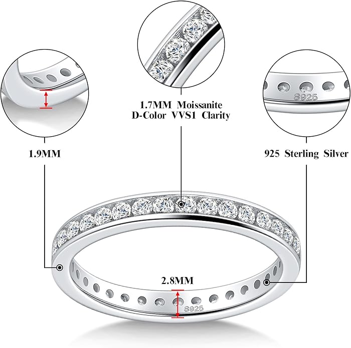 Moissanite Wedding Band Eternity Ring for Women Stackable Wedding Ring 925 Sterling Silver Rings D Color VVS1 Round Cut Anniversary Ring