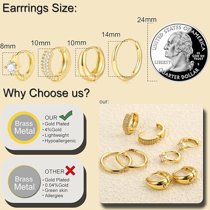 Small Gold Hoop Earrings Set for Women, 14K Gold Plated Lightweight Earrings Sets for Multiple Piercing, Hypoallergenic Huggie Gold Hoops Earrings for Women Jewelry