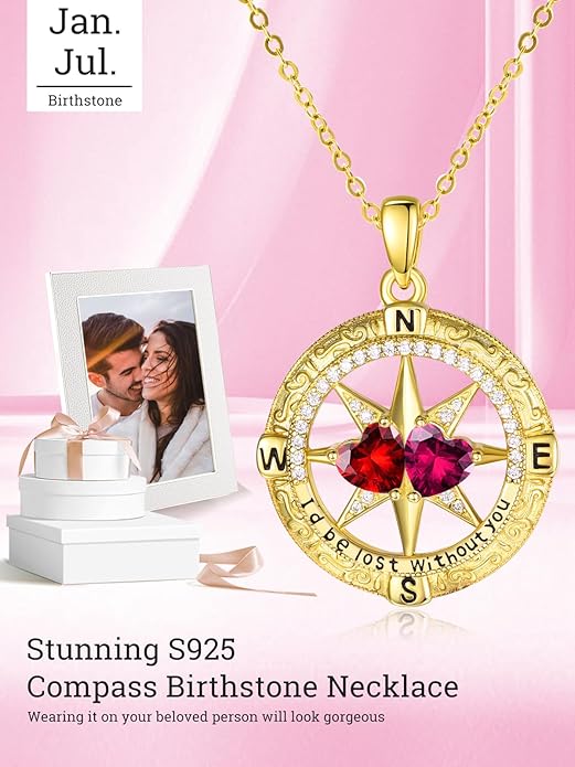Zeuslia Double Birthstone Necklace Gifts for Wife - 925 Sterling Silver Sunflower/Rose/Crown Cross/Compass/Heart Pendant I Love You Necklace, Anniversary Birthday Gifts for Wife Girlfriend Mom Her
