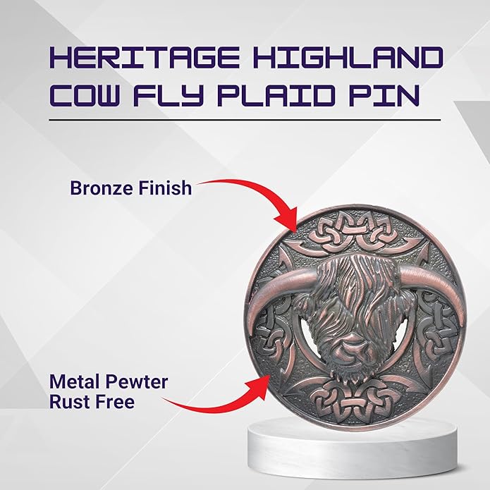 Highland Cow Kilt Brooch with Celtic Knot - Traditional Scottish Helian Coo Plaid Brooches for Men – Handcrafted Tartan Sash Pin, Luxurious Accessory for Women’s Dress