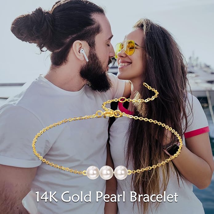 KECHO 14K Real Gold Freshwater Cultured Pearl Bracelet 14K Solid Gold Jewelry Anniversary Birthday Gift for Women