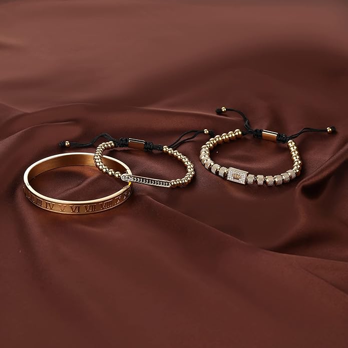 WFYOU 3PCS Stainless Steel Bracelets for Men Gold Roman Numeral Bangle Bracelet Twisted Cable Bracelet Adjustable Cuff Bracelet Mens Luxury Jewelry Bracelets Gifts