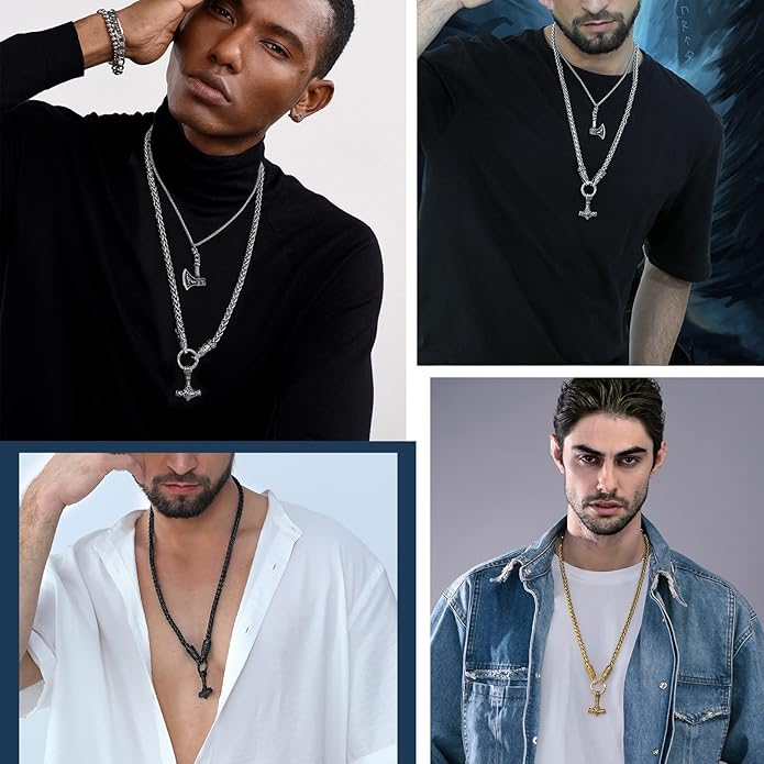 PROSTEEL Norse Viking Jewelry for Men Women, Vintage Thor Hammer/Thor Axe/Raven/Odin Necklace, 316L Stainless Steel Pendant Chain, Come with Box