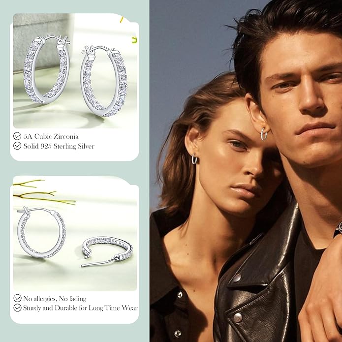 Yellow Gold Plated/925 Sterling Silver Sparkle Cubic Zirconia Hoop Earrings for Women fit Sensitive Ears 14mm/20mm/26mm Huggie/Medium/Large Hoops(with Gift Box)