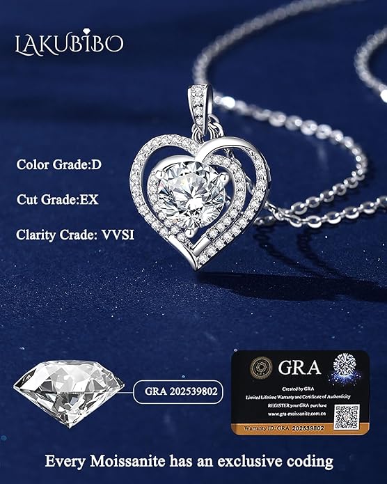 Moissanite Heart Necklaces,1-2 Carat Moissanite Necklace, Pendant Necklace Engraved with 'I LOVE YOU,Wedding Gifts,Birthday Gifts for Her,Jewelry Gifts for Christmas Valentine's Day