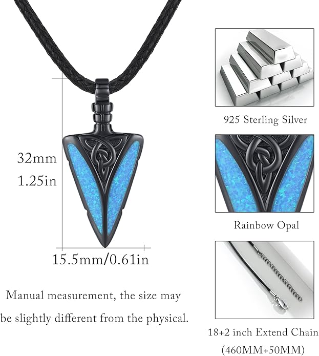 PCTJYFU Arrowhead Necklace 925 Sterling Silver for Women Men Pendant with Blue Opal/Abalone Shell/Turquoise Black Gold Plating Protective Symbol Jewelry Adjustable Chain Gift for Him Her