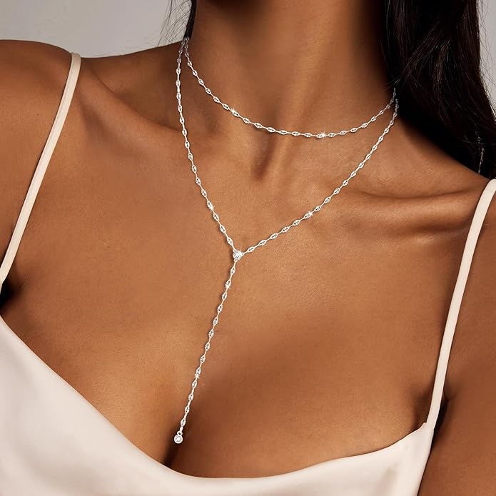 Luxval Lariat Gold Necklace for Women, Dainty Long Necklace 14k Gold Plated/Silver Y-Shaped Pendant Necklaces Trendy Beaded Chain Drop Necklaces Jewelry for Women Gifts