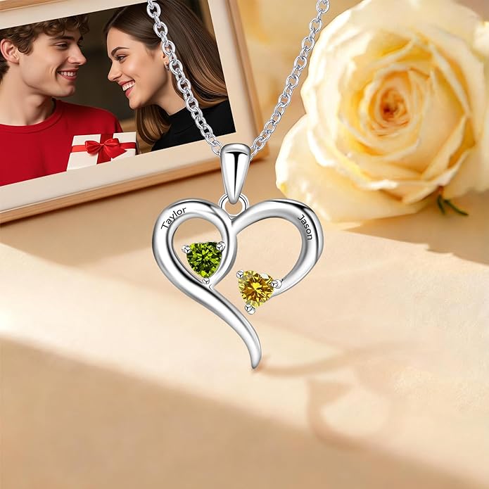 JOBFLY S925 Sterling Silver Customized 2 Birthstone Heart Necklace with 2 Name Engraved Personalized Mother Daughter Necklace Couple Jewelry Christmas Birthday Gift