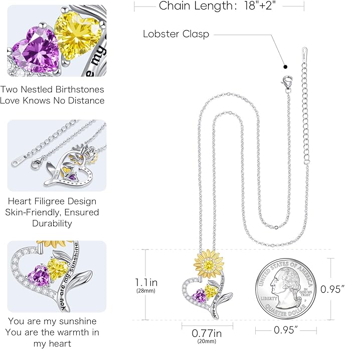 PERJI Valentine's Day Gifts for Women - 925 Sterling Silver Double Birthstone Sunflower Necklace, Anniversary Birthday Jewelry You are My Sunshine Gifts for Wife Couple Girlfriend 18"+2" Non Tarnish