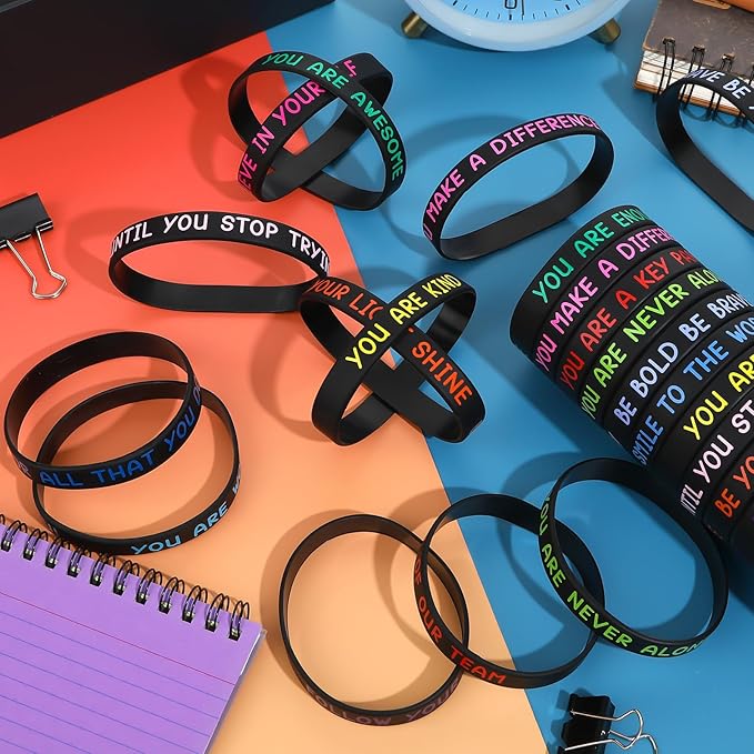 JUNEBRUSHS 64pcs Motivational Silicone Bracelets Bulk Black Colored Inspirational Rubber Wristbands for Student Teacher Back To School Gifts Classroom Reward Birthday Party Favor (16 Designs)