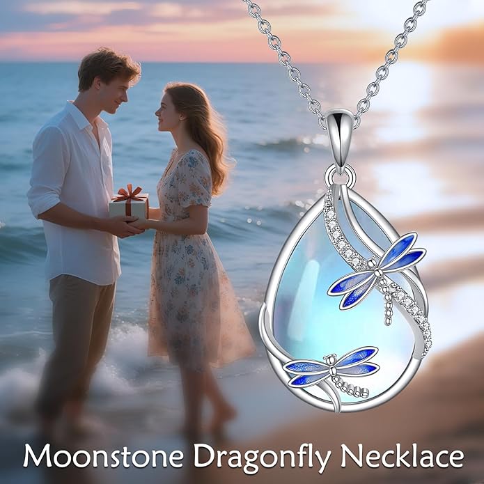 KQF Dragonfly/Butterlfy/Cat/Jellyfish/Bunny/Axolotl/Bee/Mermaid/Hummingbird/Elephant Necklace for Women Sterling Silver Moonstone Pendant Necklace Dragonfly Jewelry Gifts for Women