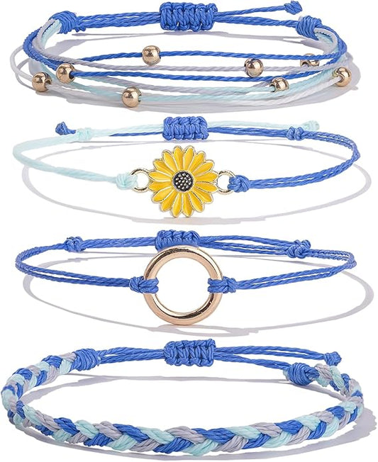 FANCY SHINY Sunflower String Bracelet Boho Braided Rope Wrap Bracelets Cute Summer Beach Surfer Jewelry for Women