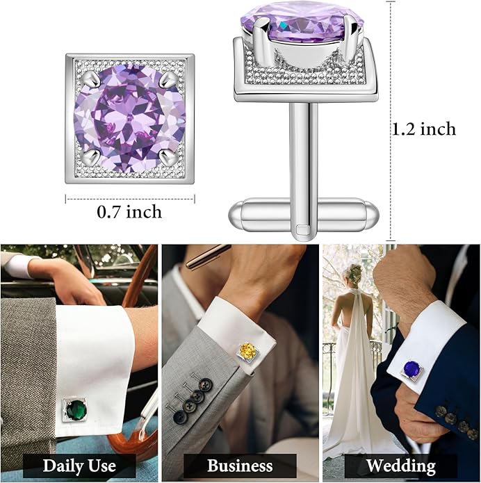 HAWSON Large Silver Birthstone Cuff Links Mens, Colorful Gem Cufflinks for Shirt Suit Accessories, Birthday Anniversary Wedding Gifts for Groommens Husband Father