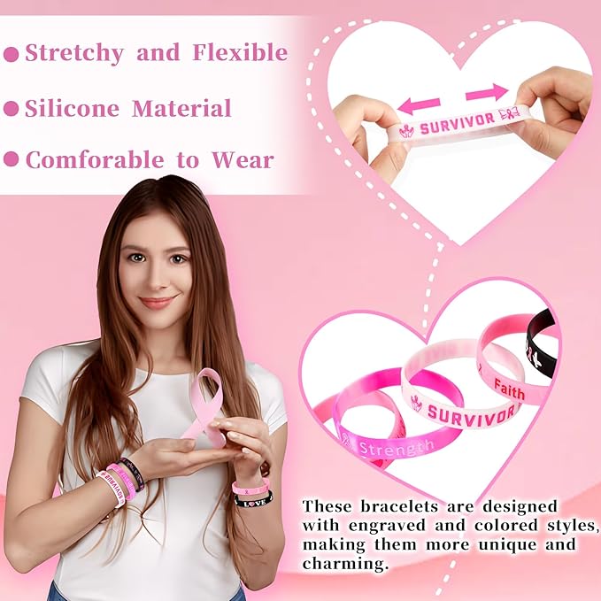 JUNEBRUSHS 64pcs Breast Cancer Awareness Silicone Bracelets Hope Faith Strength Courage Accessories Wristbands for Women Breast Cancer Awareness Gifts Party Supplies Favors (8 Designs)